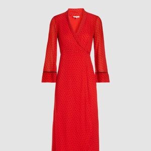 NWT Ganni Red Crepe Wrap Midi Dress
